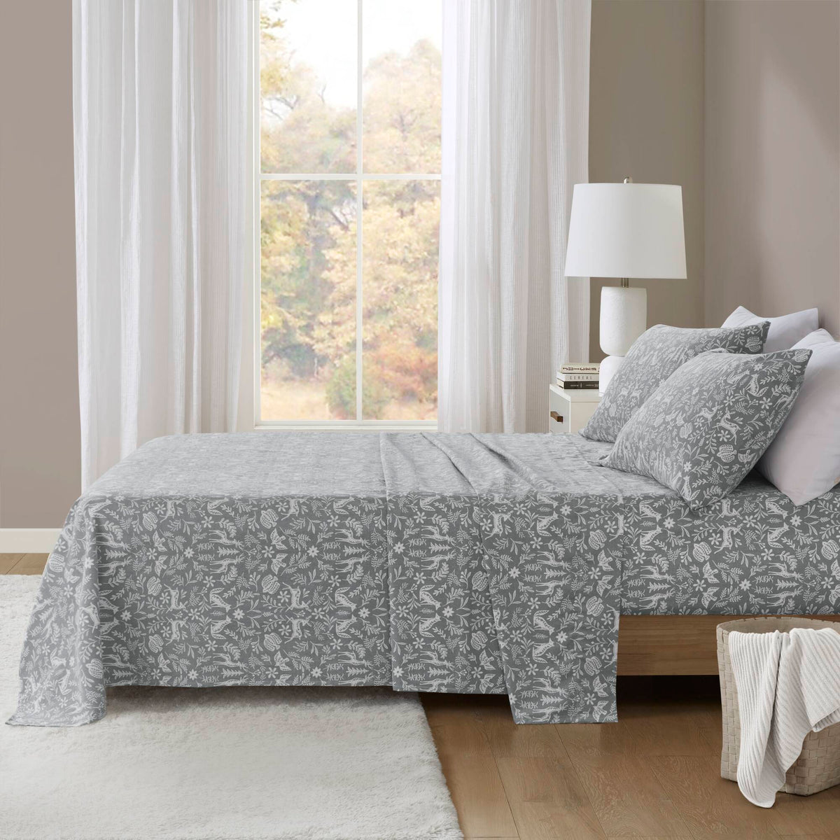 Cozy Cotton Flannel - California King Printed Sheet Set - Sage Winter Fauna