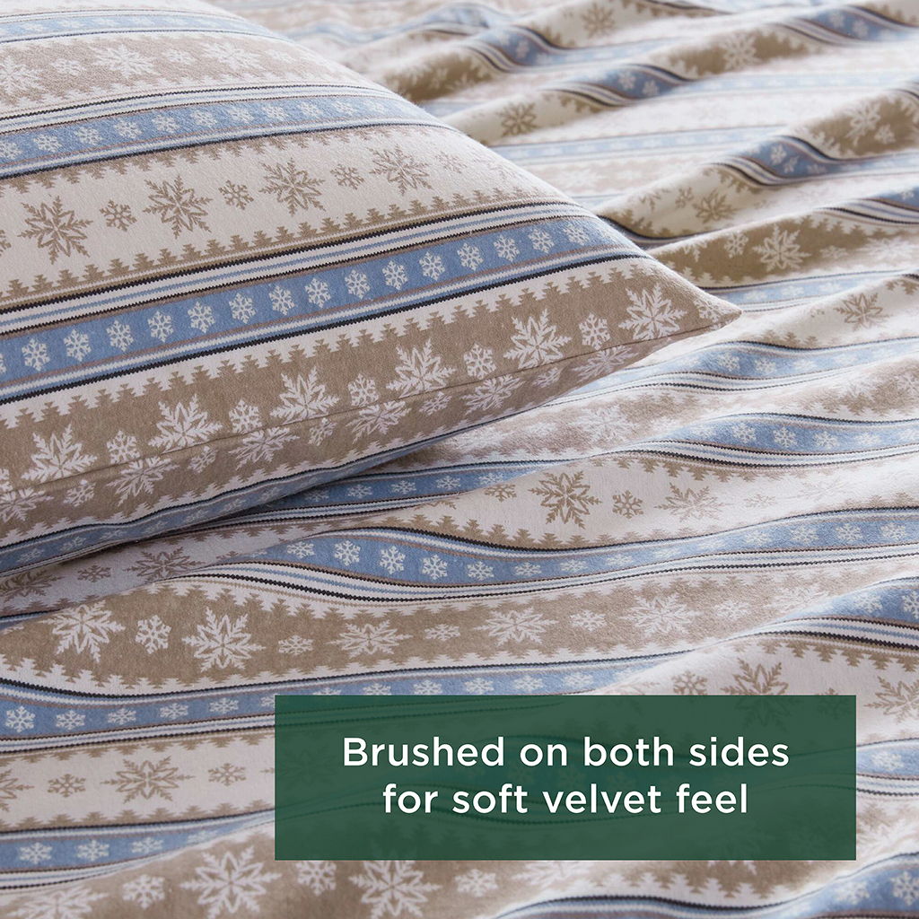 Flannel - Queen Sheet Set Cotton - Blue Snowflake