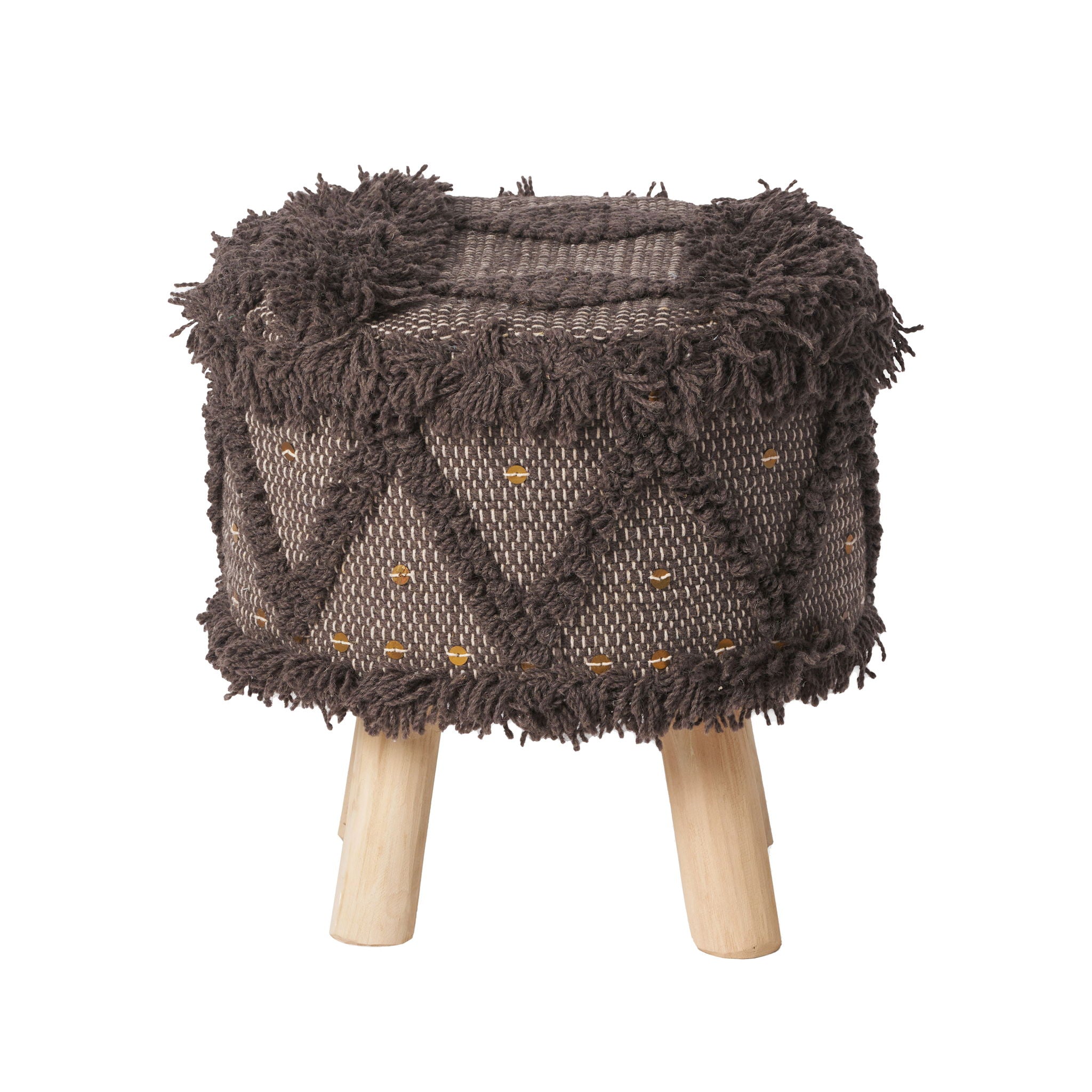 Roja - Handcrafted Wool & Cotton Foot Stool With Eucalyptus Wood Frame - Dark Brown