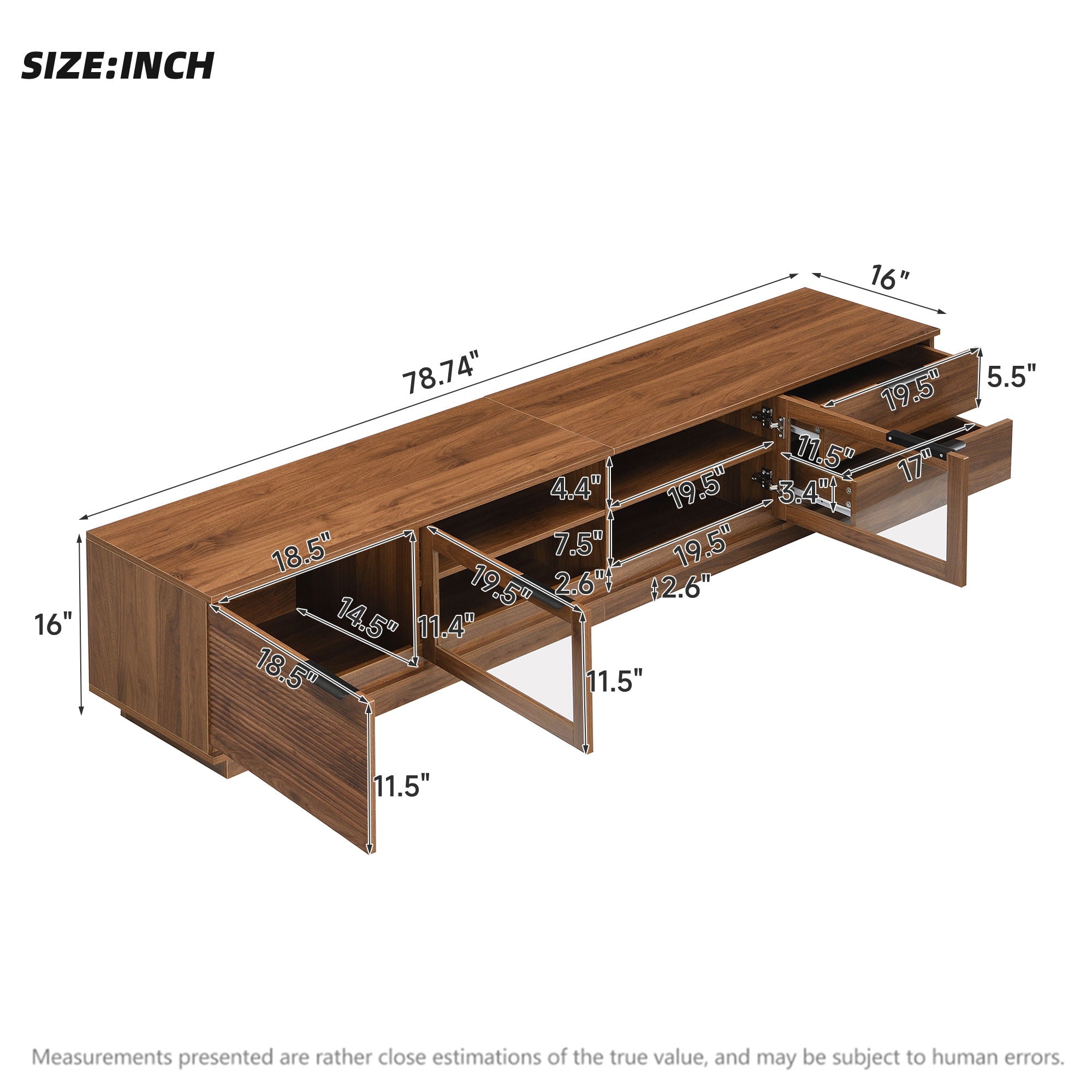 TV Stand With 2 Drawers, Doors & Cable Management, Soft Closing Hinges - Walnut