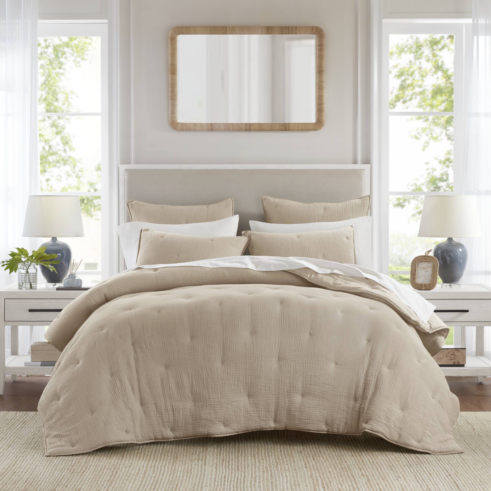 Breeze - King Cotton Gauze Embroidered Quilt Set - Taupe