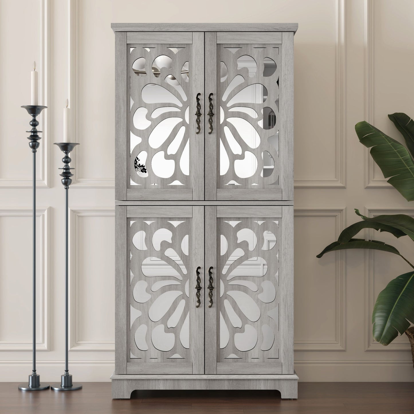 Modern Sideboard Buffet With 4 Mirrored Doors, Adjustable Shelves