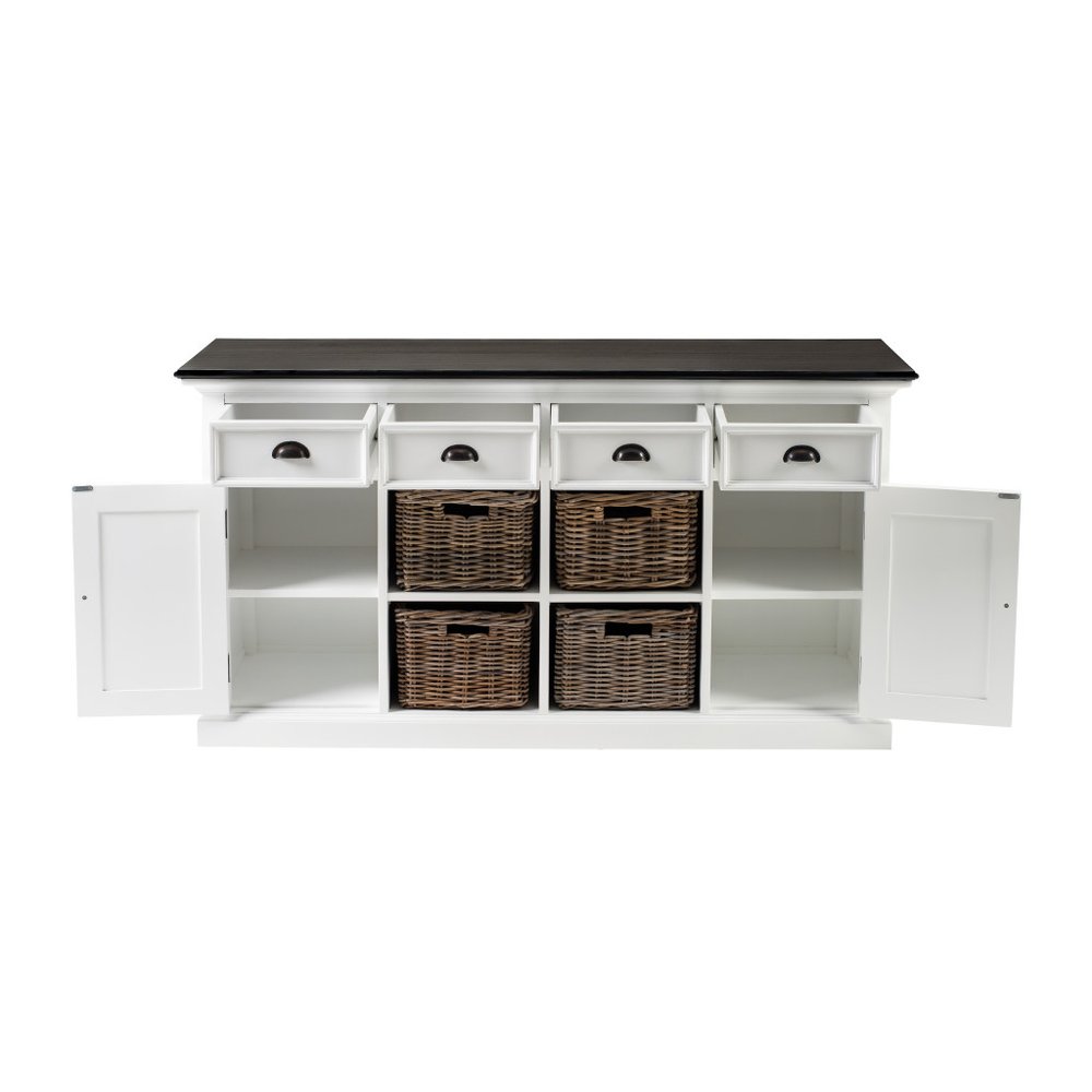 66" White And Black Solid Wood Paneled Four Drawer Buffet Table with Two Doors
