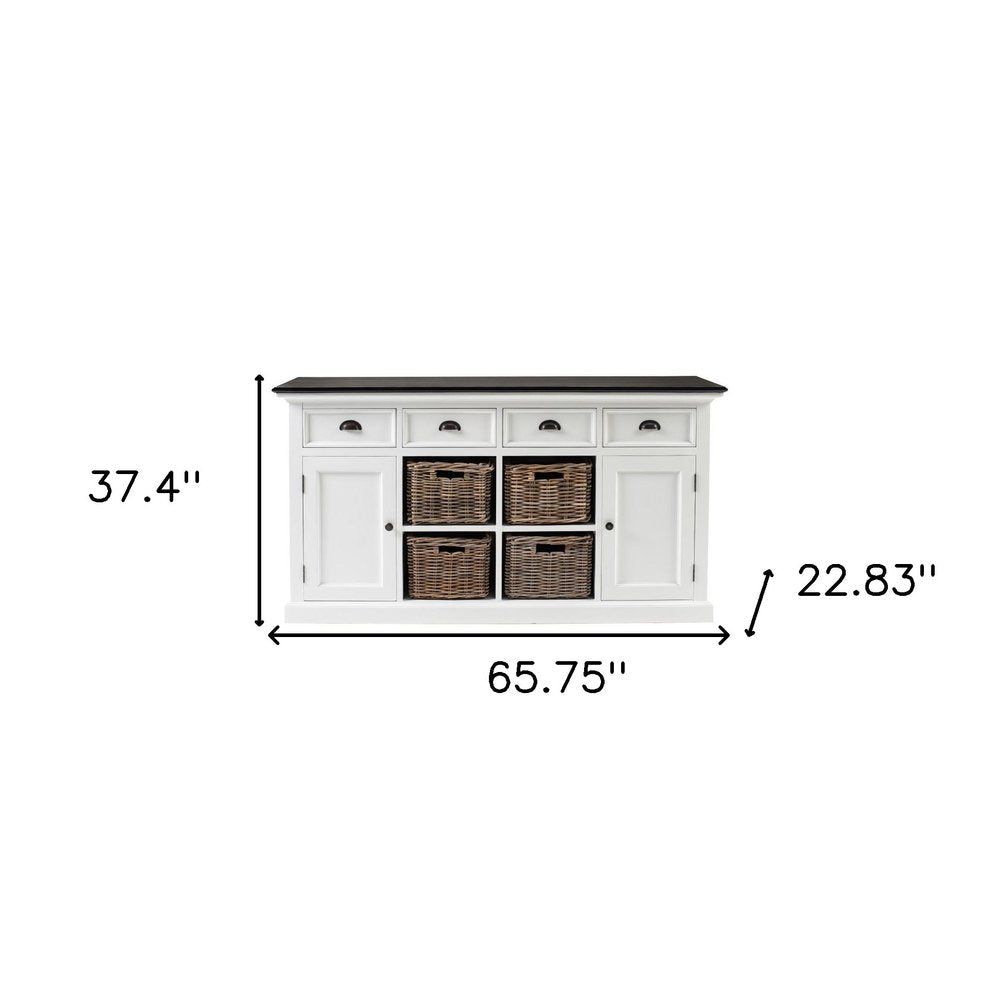 66" White And Black Solid Wood Paneled Four Drawer Buffet Table with Two Doors