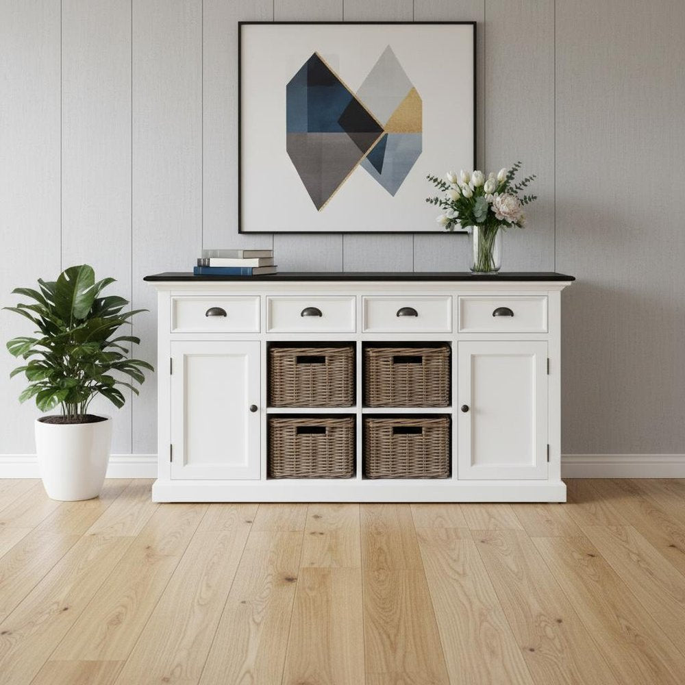 66" White And Black Solid Wood Paneled Four Drawer Buffet Table with Two Doors