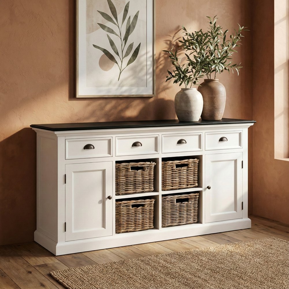 66" White And Black Solid Wood Paneled Four Drawer Buffet Table with Two Doors
