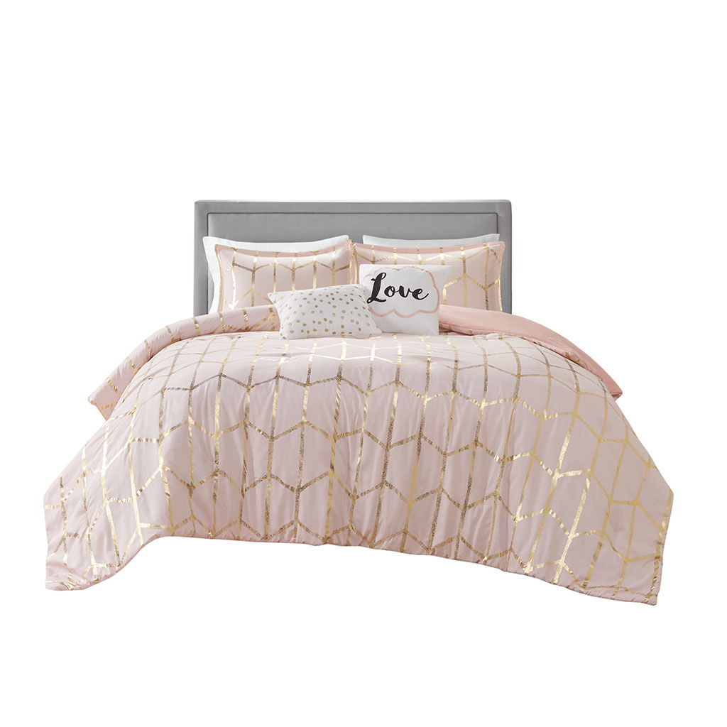 Raina - King Metallic Printed Comforter Set - Blush / Gold