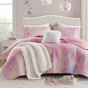 Cassiopeia - Full/Queen Watercolor Tie Dye Printed Quilt Set With Throw Pillow - Pink