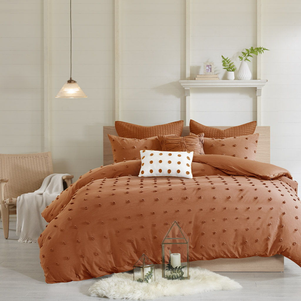 Brooklyn - Cotton Jacquard Queen Duvet Cover Set With Euro Shams and Throw Pillows - Rust