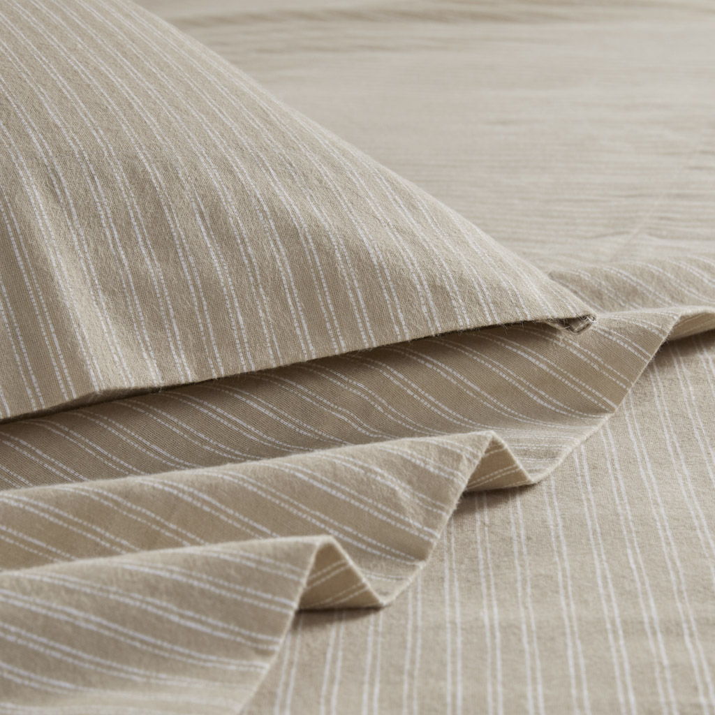 Oversized Cotton Flannel - 4 Piece Queen Sheet Set - Beige / White Stripes
