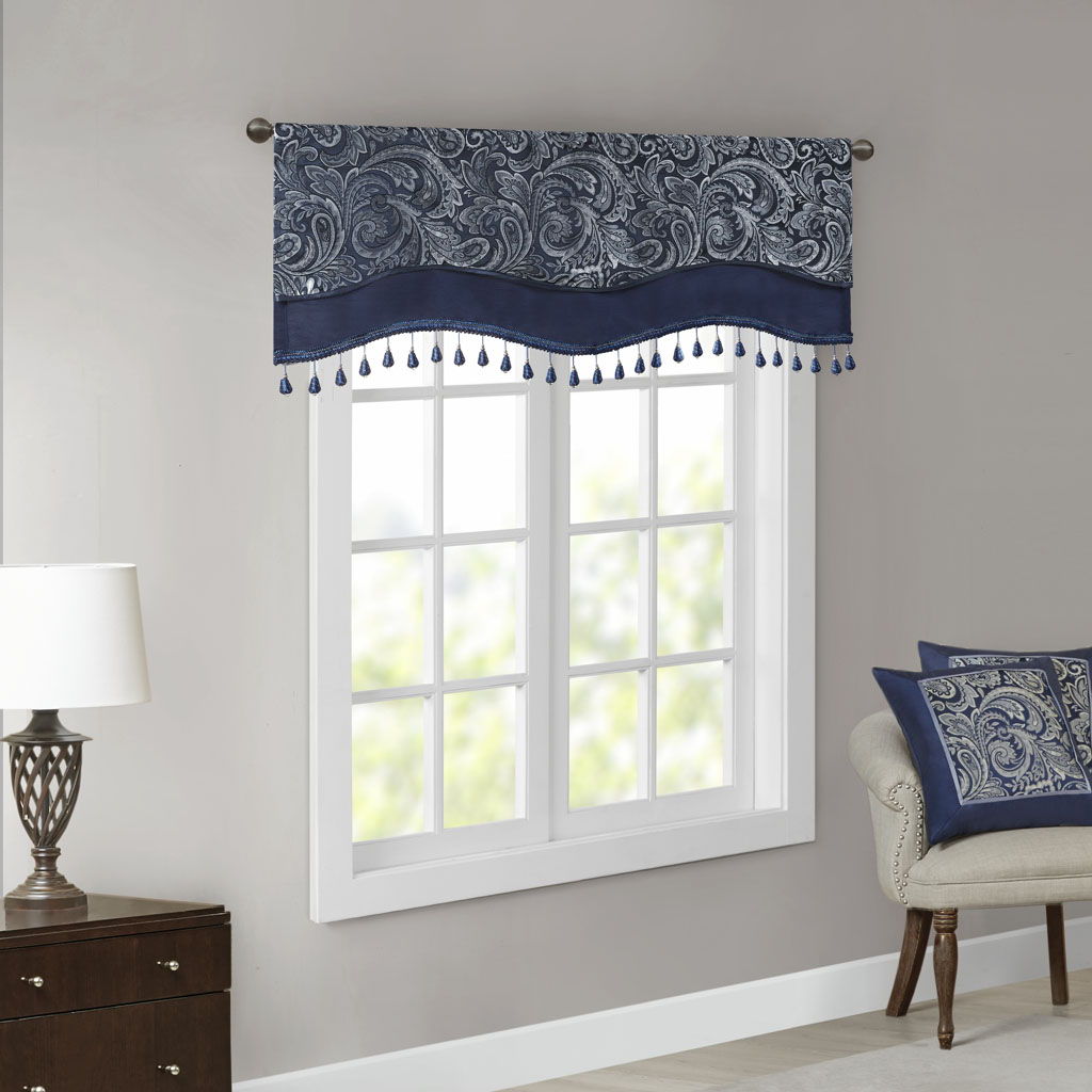 Aubrey - Window Rod Pocket Valance With Beads - Navy