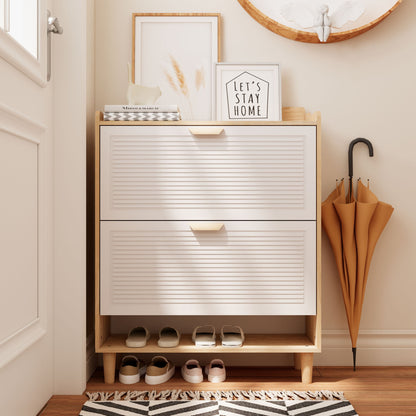 Shoe Storage Cabinet With 2 Flip Drawers, Compact Entryway Organizer - Natural / White