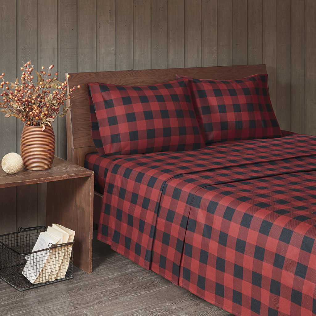 Flannel - King Sheet Set - Red / Black Buffalo Check