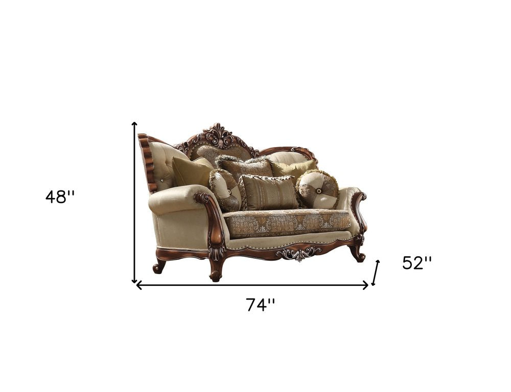 74" Tan And Brown Velvet Damask Curved Loveseat and Toss Pillows