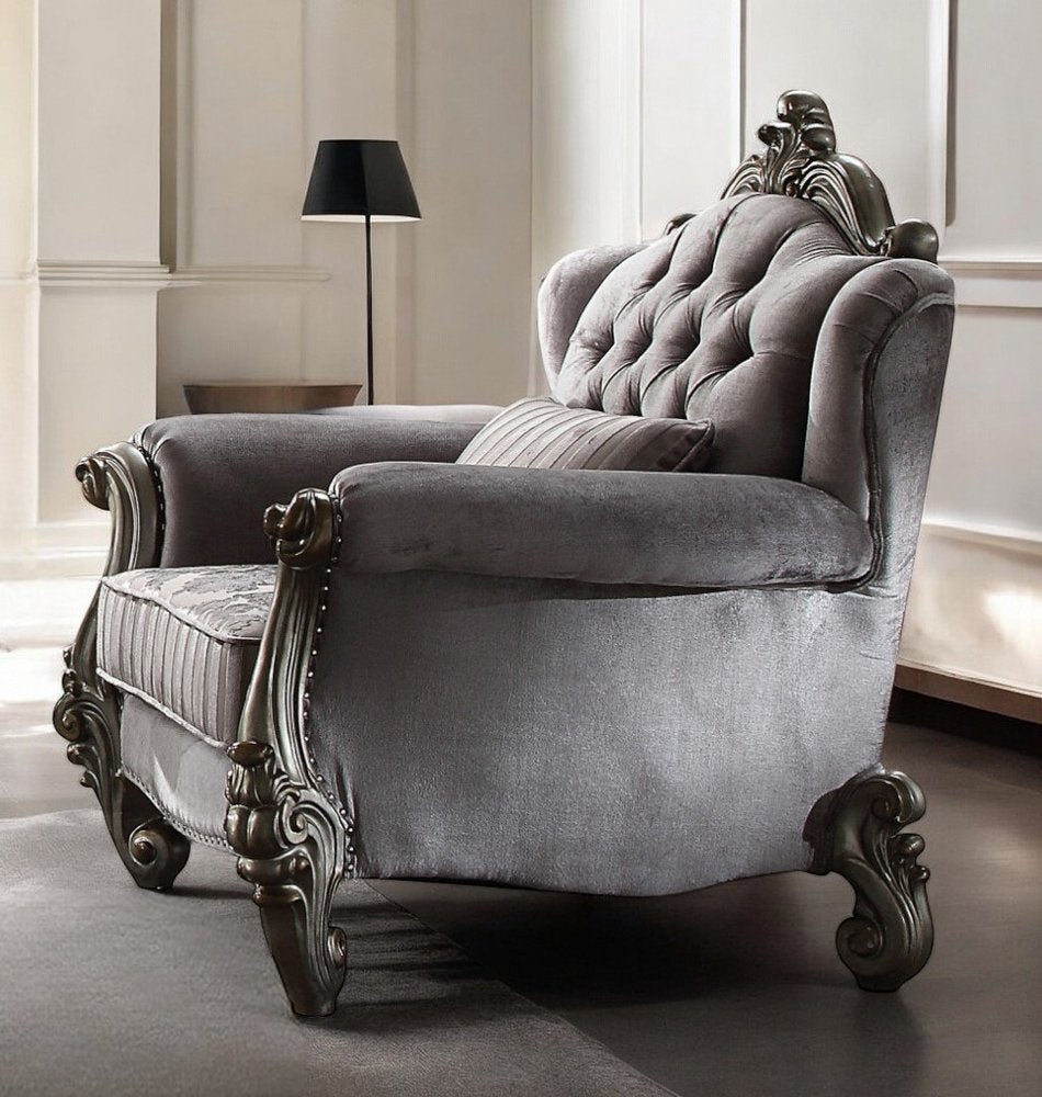 44" Gray and Platinum Velvet Floral Tufted Club Chair And Toss Pillow