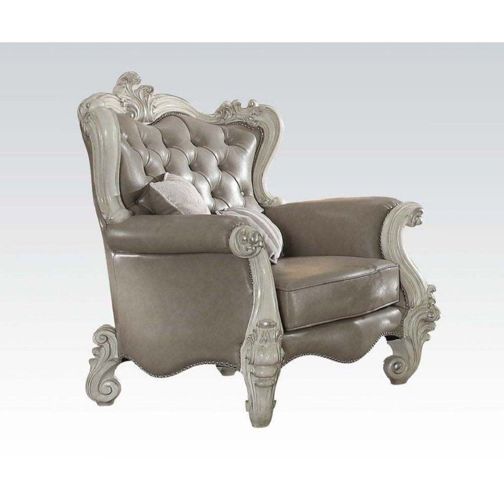 43" Gray and Bone Faux Leather Tufted Chesterfield Chair And Toss Pillows