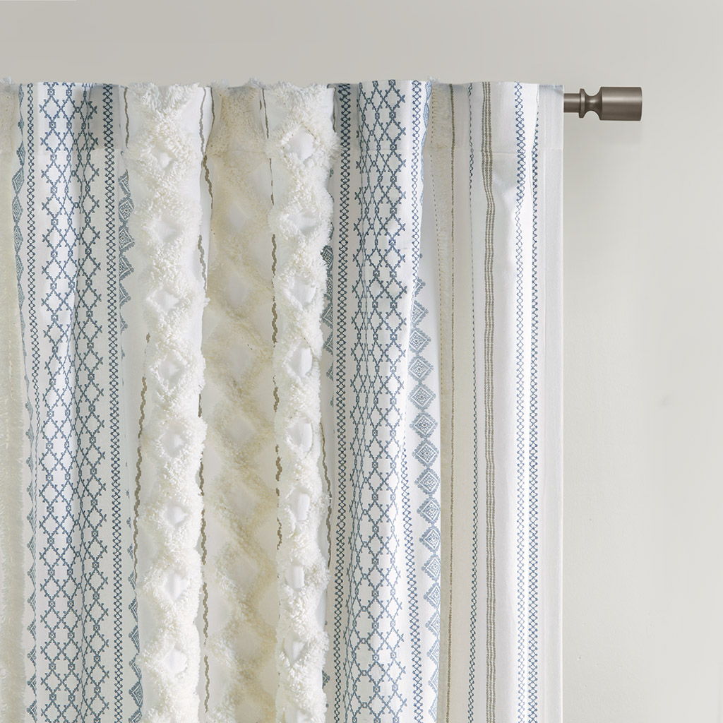 Imani - Cotton Printed Curtain Panel With Chenille Stripe and Lining - White