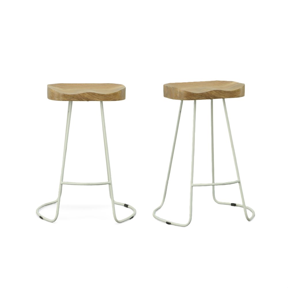 Set of Two 25" Natural and White Solid Wood and Steel Backless Counter Height Bar Chairs