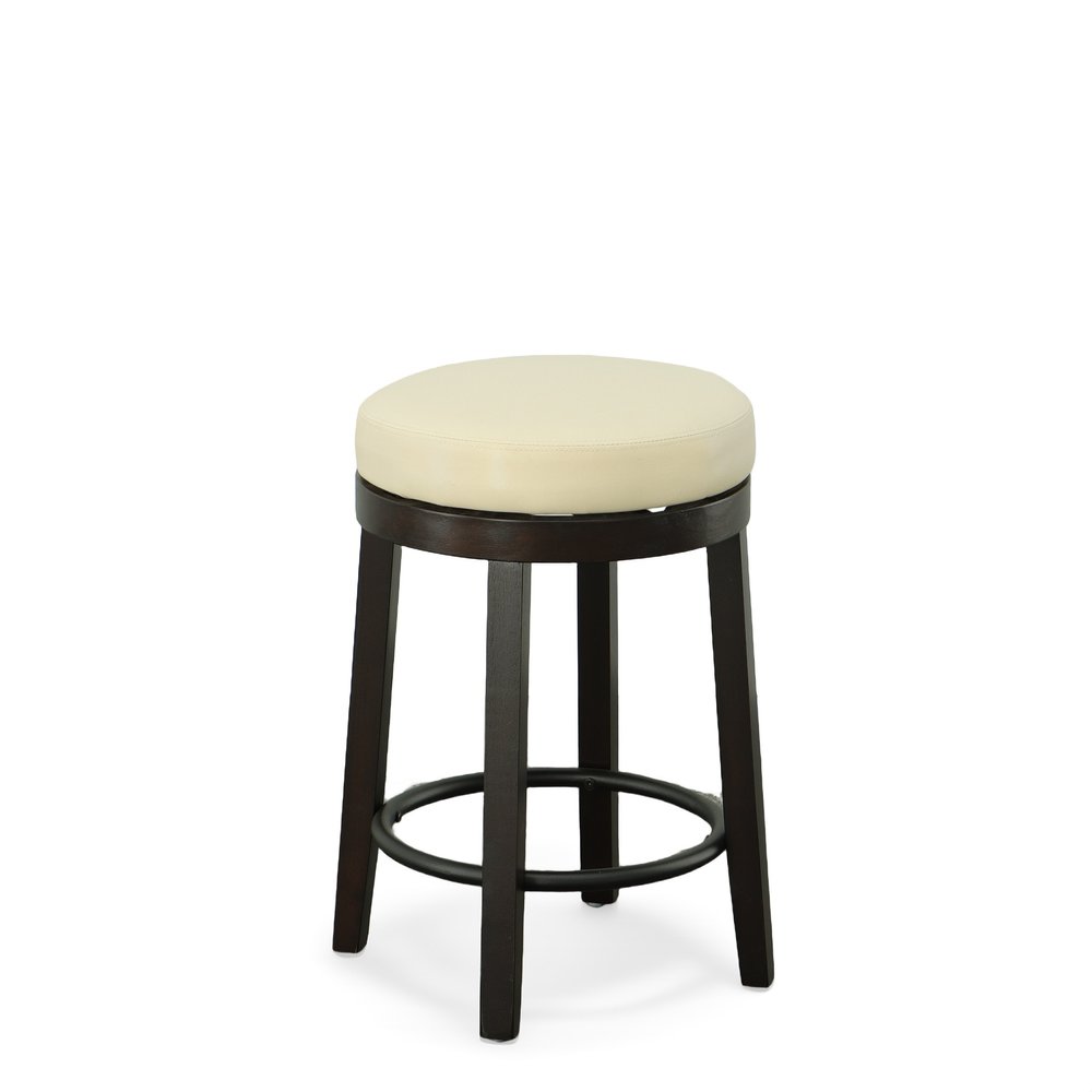 Set of Two 24" Cream and Espresso Faux Leather and Solid Wood Backless Counter Height Swivel Bar Chairs