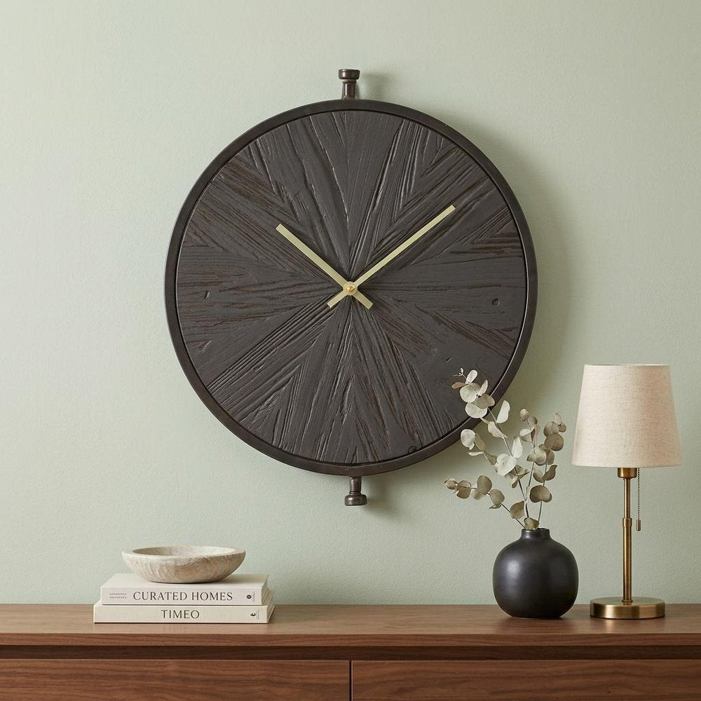 18" Circle Black Wood and Solid Wood Analog Wall Clock