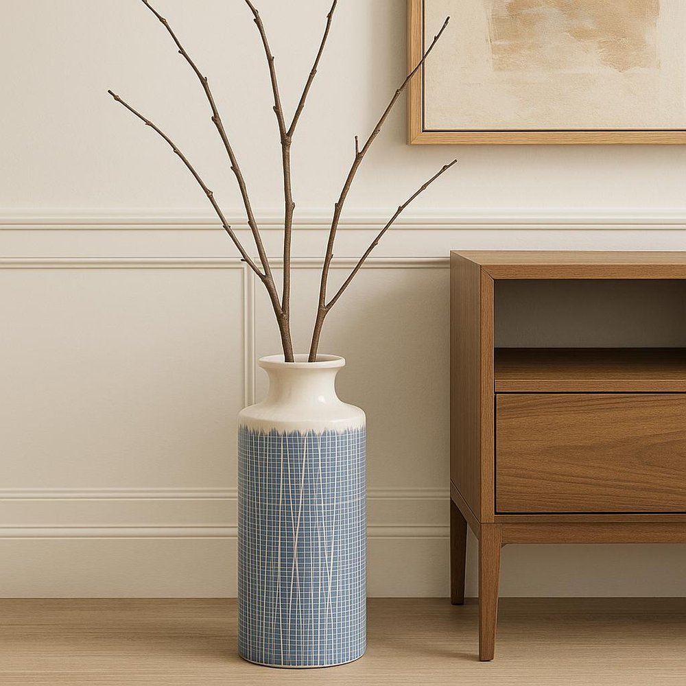 19" Blue and White Geometric Cylinder Terracotta Floor Vase