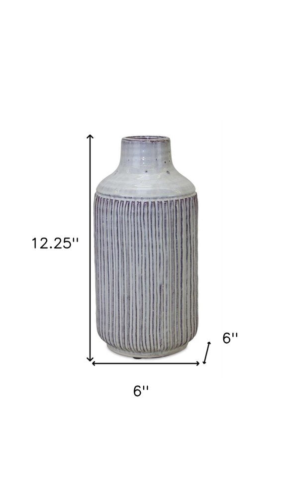 12" Gray And Brown Ribbed Terracotta Cylinder Table Vase