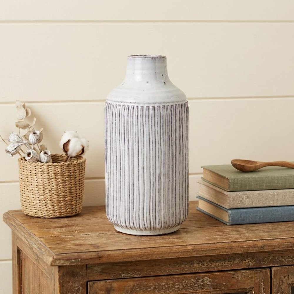 12" Gray And Brown Ribbed Terracotta Cylinder Table Vase