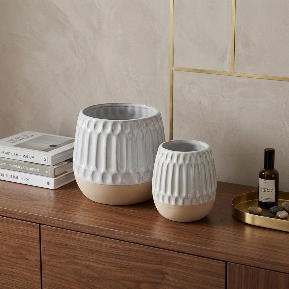 Set of Two Beige and White Ribbed Round Porcelain Table Vase