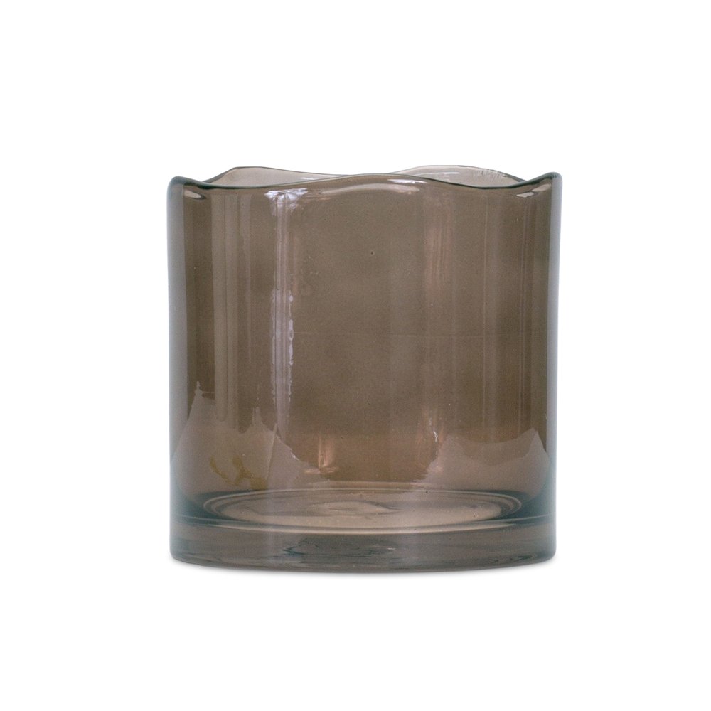 6" Brown Glass Cylindrical Table Vase With Wavy Edge Sculptural Details