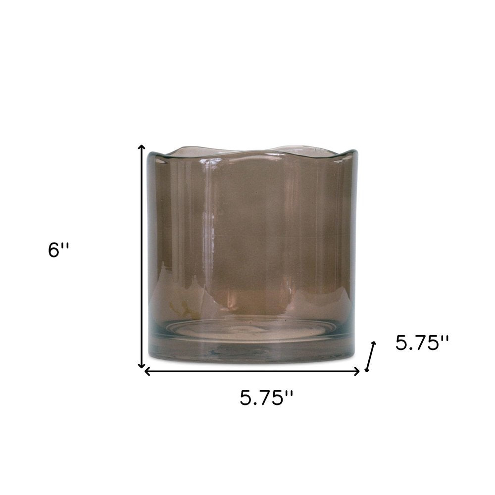 6" Brown Glass Cylindrical Table Vase With Wavy Edge Sculptural Details