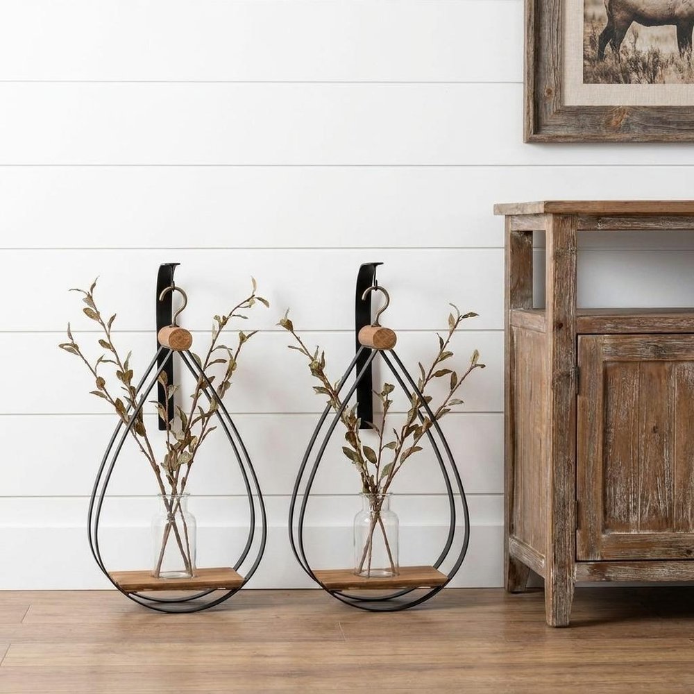 Set of Two Black Brown And Clear Cylinder Glass Metal And Wood Wall Vase