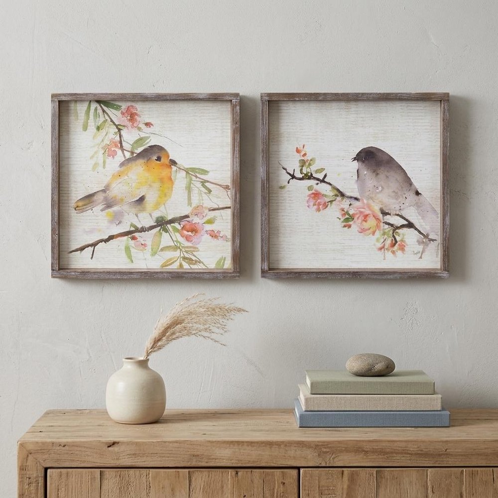 Set of Two Brown Bird Wood Square Framed Art