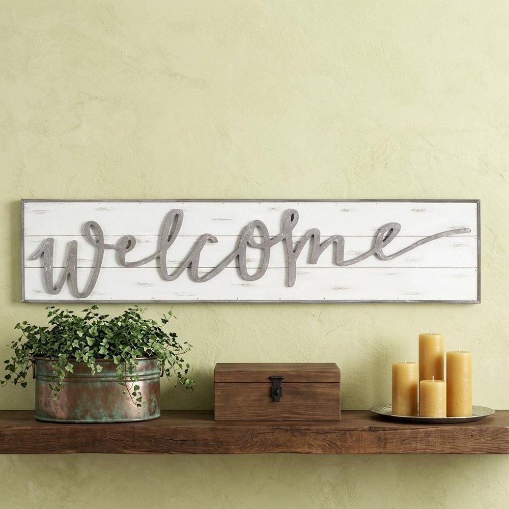 11" X 48" White And Gray Welcome Sign Wood Wall Decor