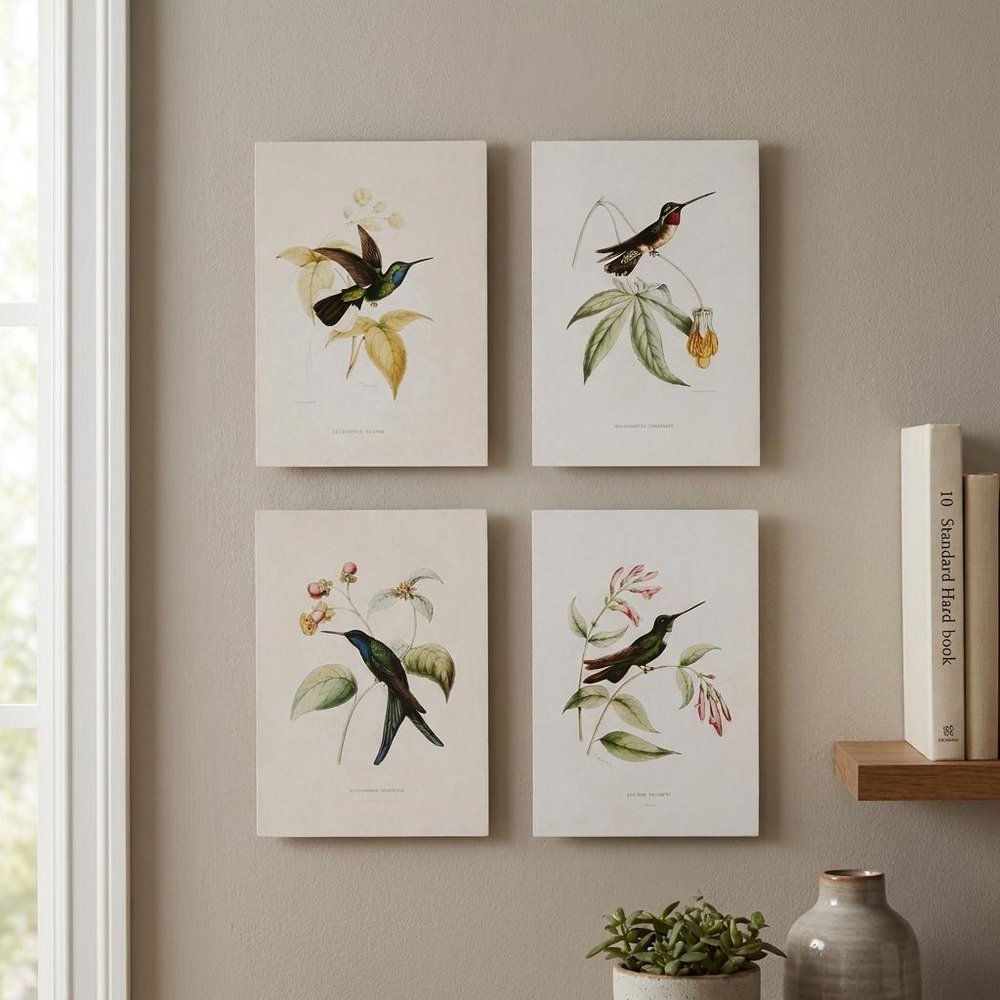 Set of Four White Hummingbird Wood Framed Art