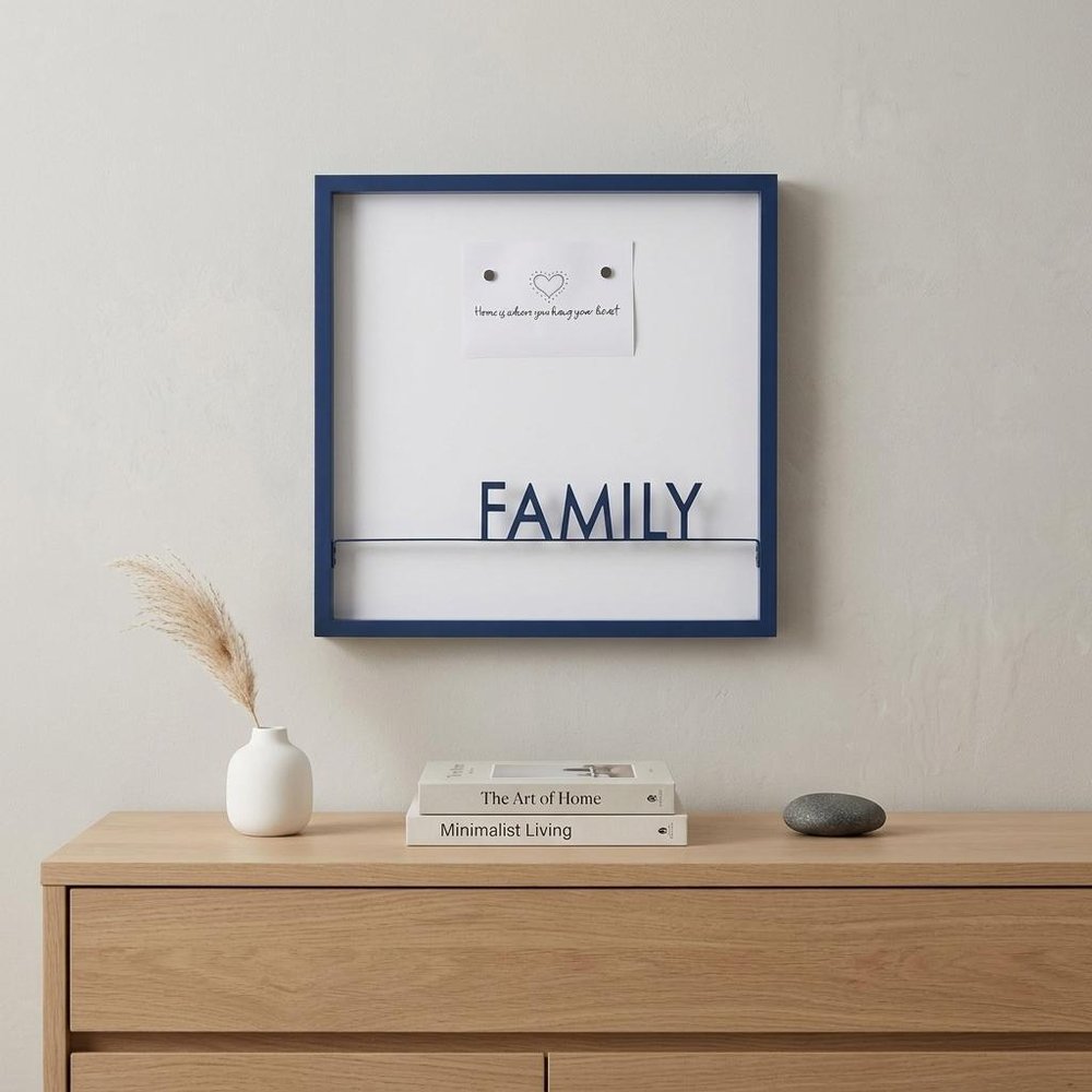 16" X 16" Blue And White Family Wood and Metal Square Magnetic Memo Board