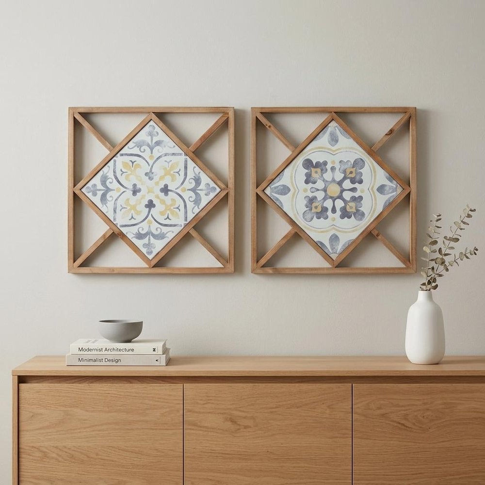 Set of Two White Blue And Brown Floral Wood and Metal Square Framed Art