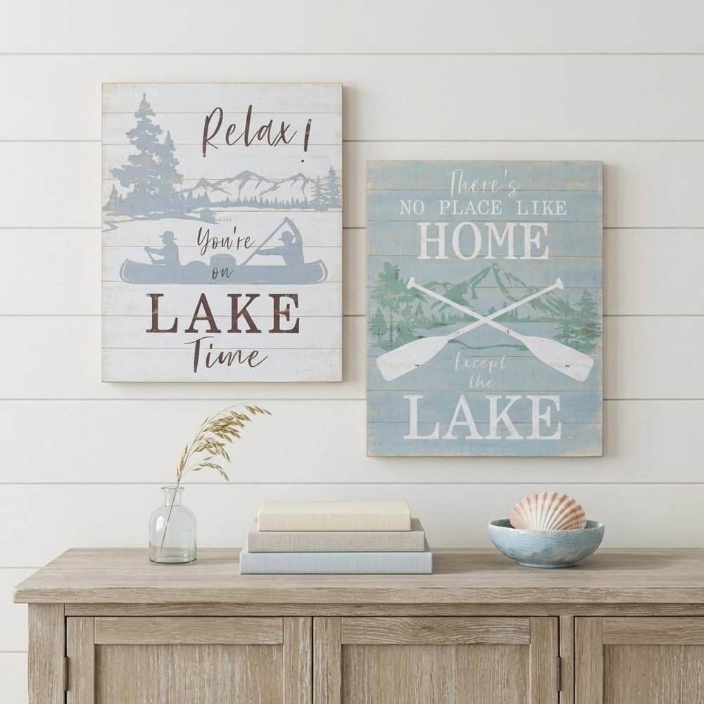Set of Two White Black And Blue Trees, Lake Lake Wood Framed Art