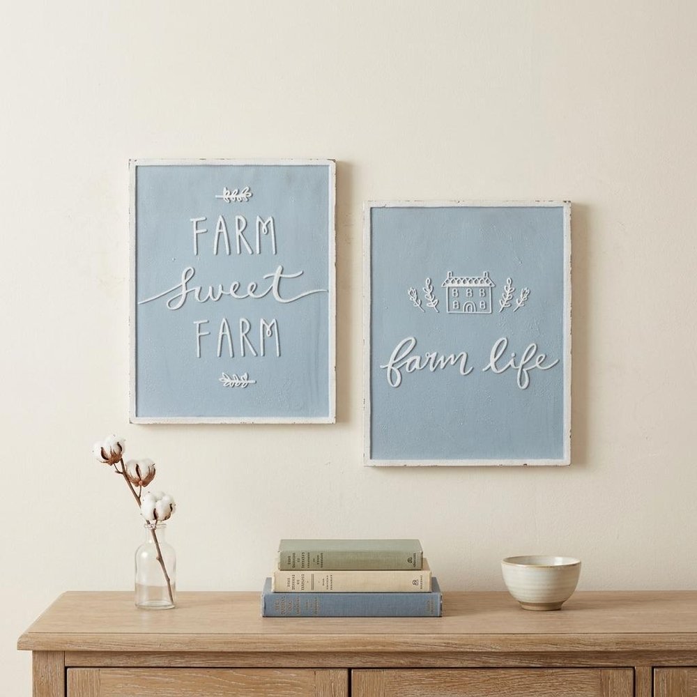 Set of Two Blue And White Farm Sweet Farm Metal Wall Decor