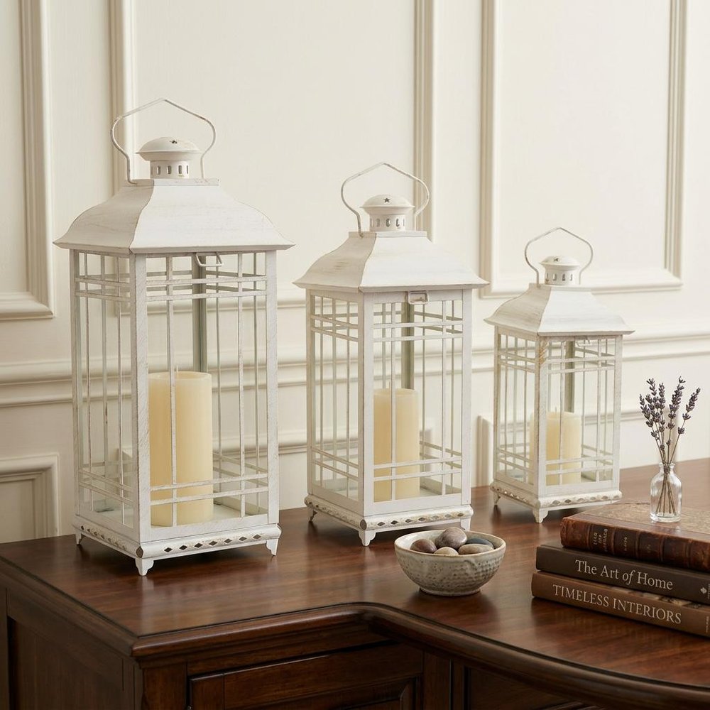 Set of Three Ivory Metal Mirrored Floor Lantern Candle Holders