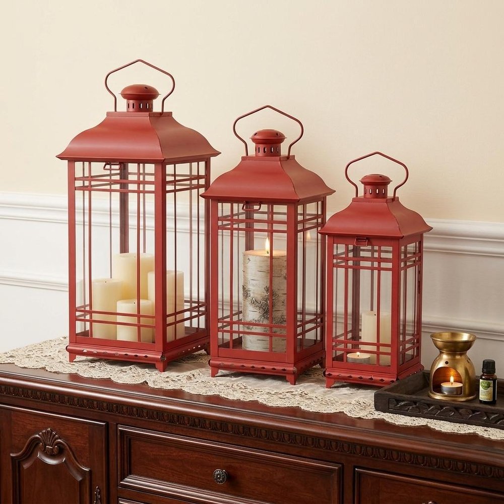 Set of Three Red Geometric Glass And Metal Floor Lantern Candle Holders