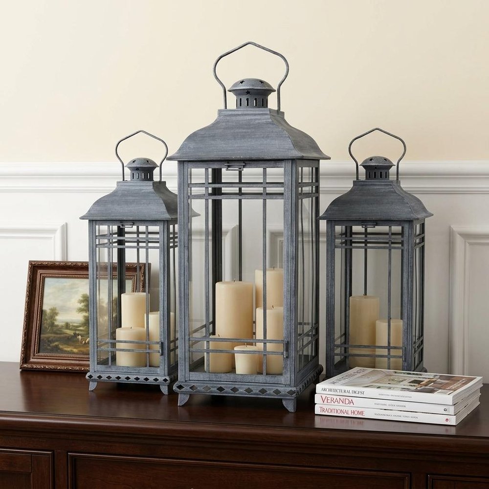 Set of Three Gray Distressed Geometric Glass And Metal Floor Lantern Candle Holders