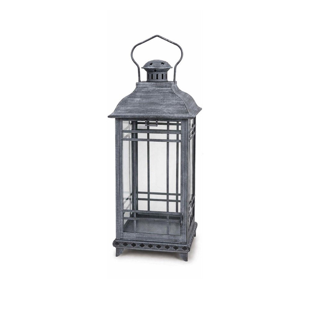 Set of Three Gray Distressed Geometric Glass And Metal Floor Lantern Candle Holders