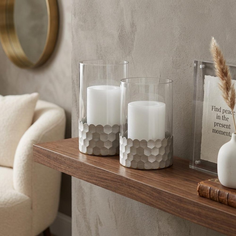 Set of Two Clear and Silver Glass Geometric Tabletop Pillar Candle Holders