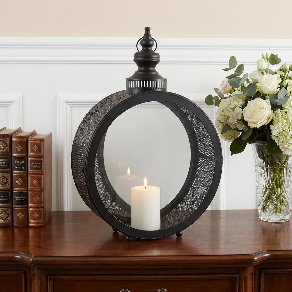 22" Black Distressed Ornate Metal Floor Lantern Candle Holder