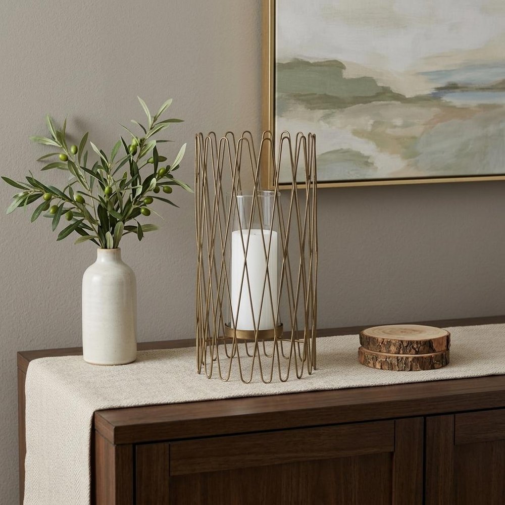 14" Gold Iron and Glass Tabletop Hurricane Candle Holder