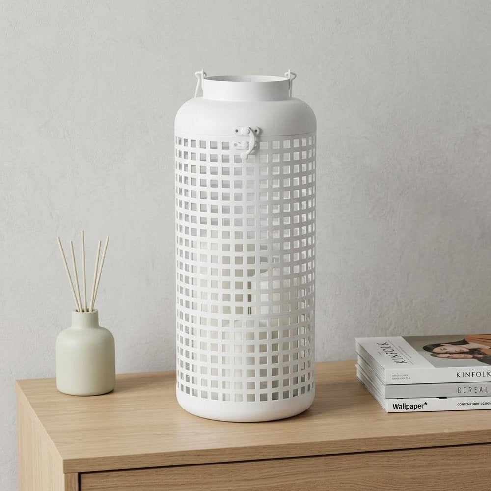 14" White Distressed Lattice Iron Floor Lantern Candle Holder