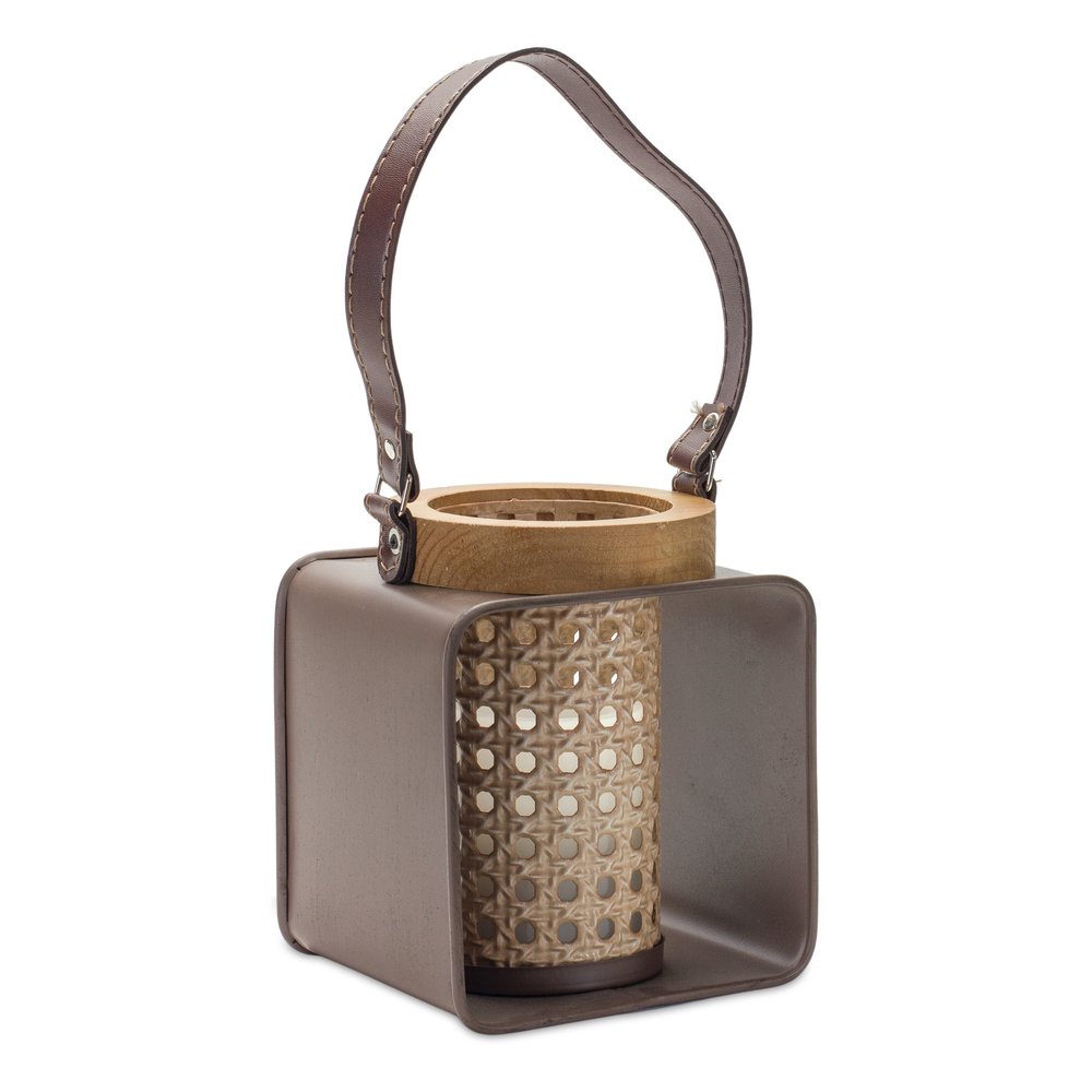 7" Natural And Brown Distressed Lattice Iron And Wood Tabletop Lantern Candle Holder