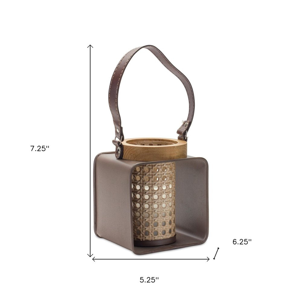 7" Natural And Brown Distressed Lattice Iron And Wood Tabletop Lantern Candle Holder