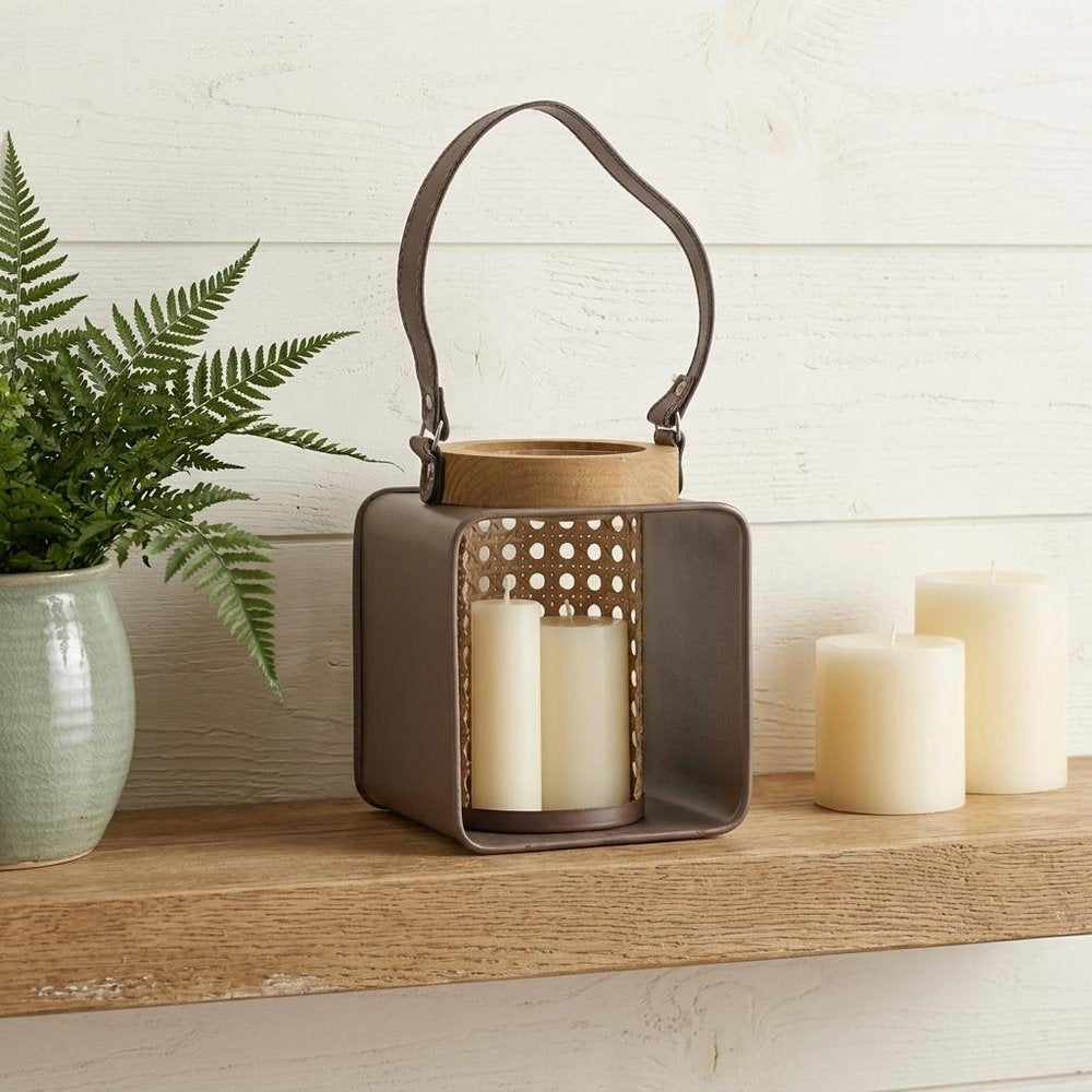 7" Natural And Brown Distressed Lattice Iron And Wood Tabletop Lantern Candle Holder