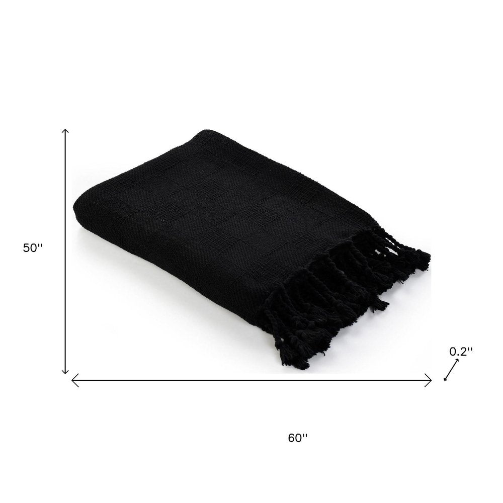 50" x 60" Black Woven Cotton Throw Blanket with Fringe